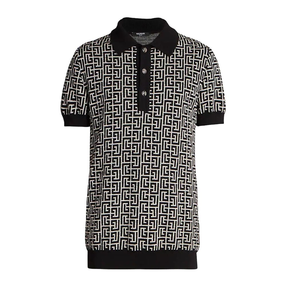 Balmain Monogram Wool & Linen Polo Shirt Ivory Noir